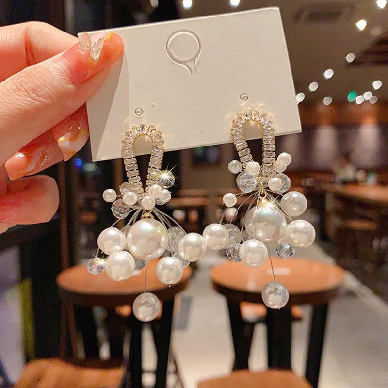 Light luxury zircon round artificial pearl ear buckle French retro fashion temperament earrings high-end exquisite earrings women