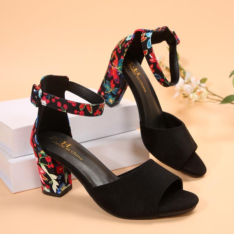 Fashion Summer New Thick Heel Sandals for Women Round Head Open-toe Line with Printed Non-slip Wear-resistant Fish Mouth High Heels