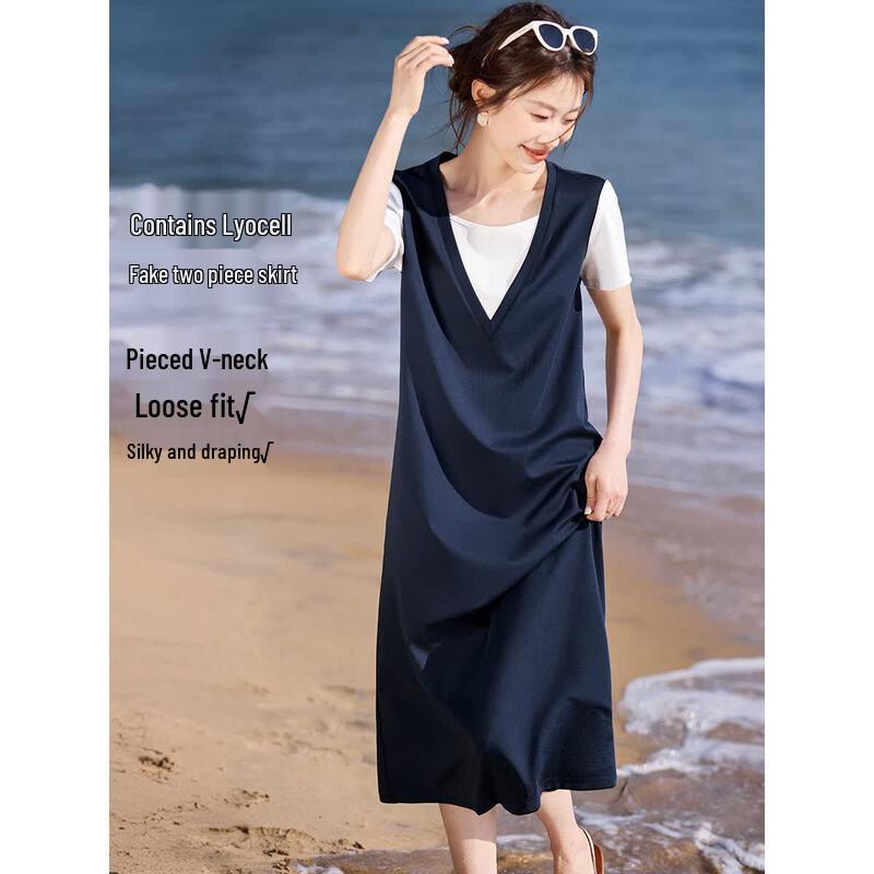 Mohan Yimei Women s Lyocell Blend Faux Two-Piece V-Neck Dress S