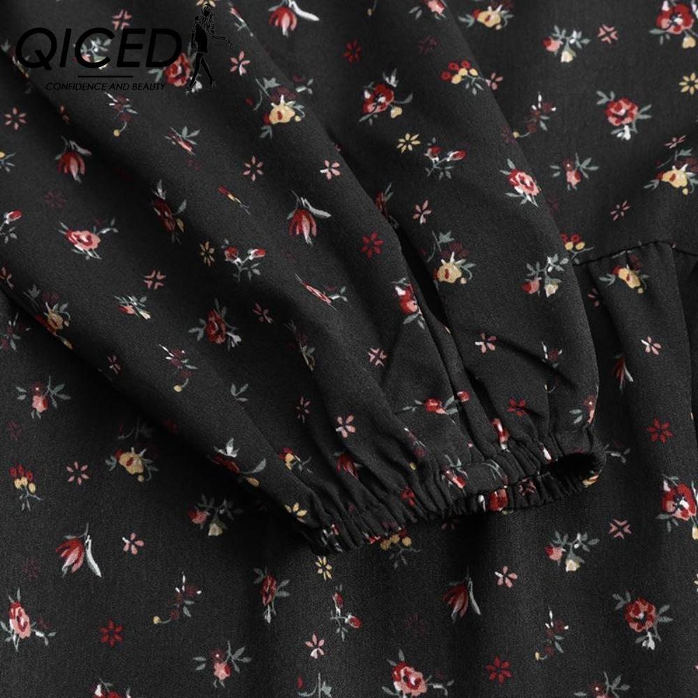 QICED Women's Ruffled Mini Floral Maxi Dress Long Sleeve V-Neck Casual Dresses