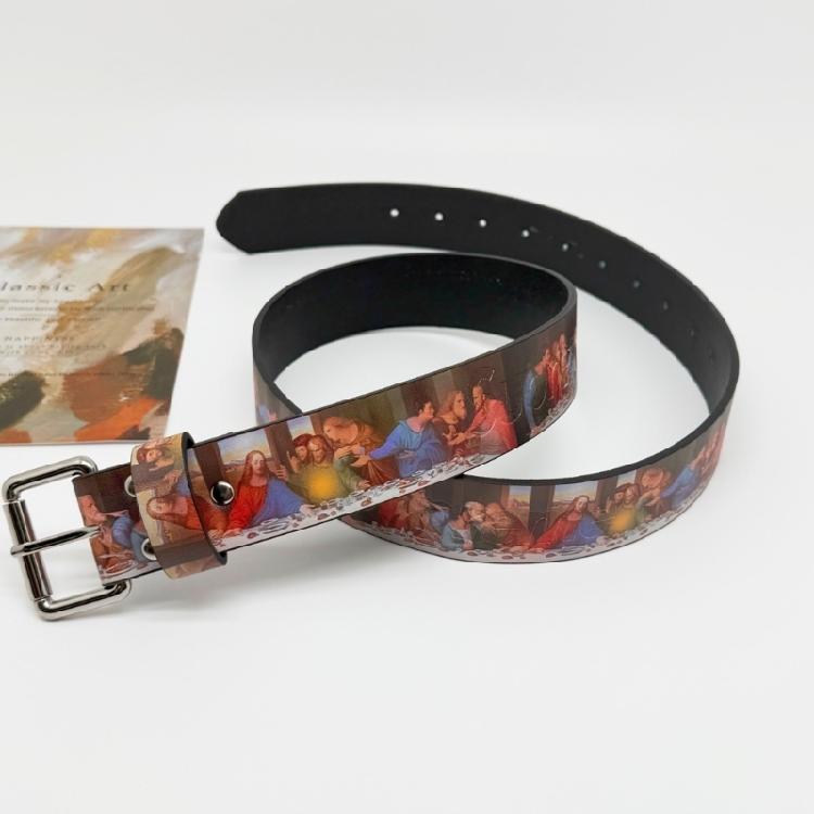 Comfortable Retro Art Waist Belt The Last Supper Design Waist Sash PU Leather Adjustable Size for Men Women
