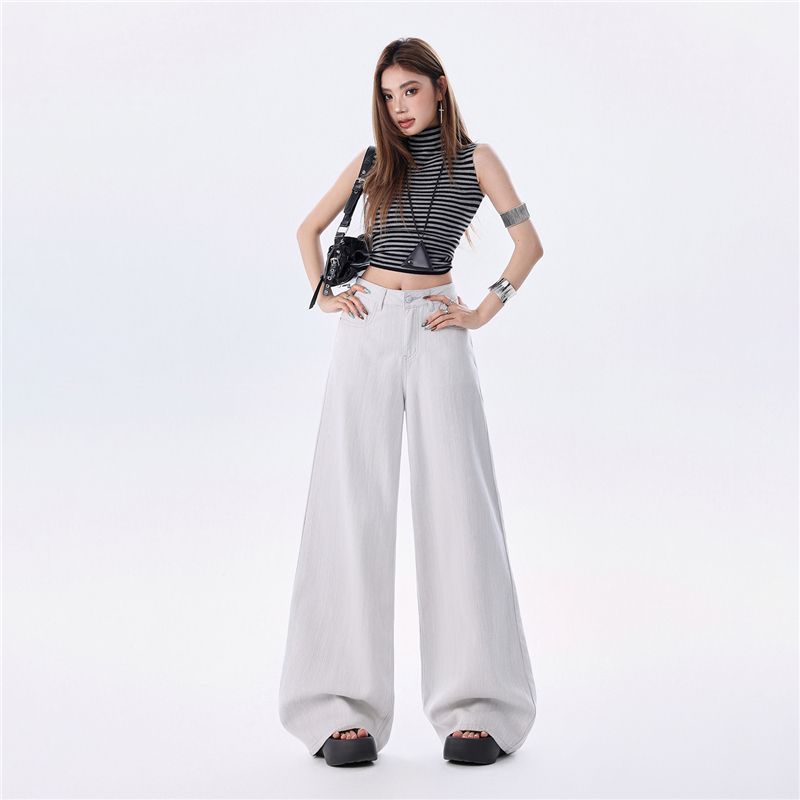 Spring Summer Thin Linen Cotton Textured Cool Old Money Drape Relaxed Wide Leg Casual Denim Pants For Women Casual Pants Oversize Denim Trousers