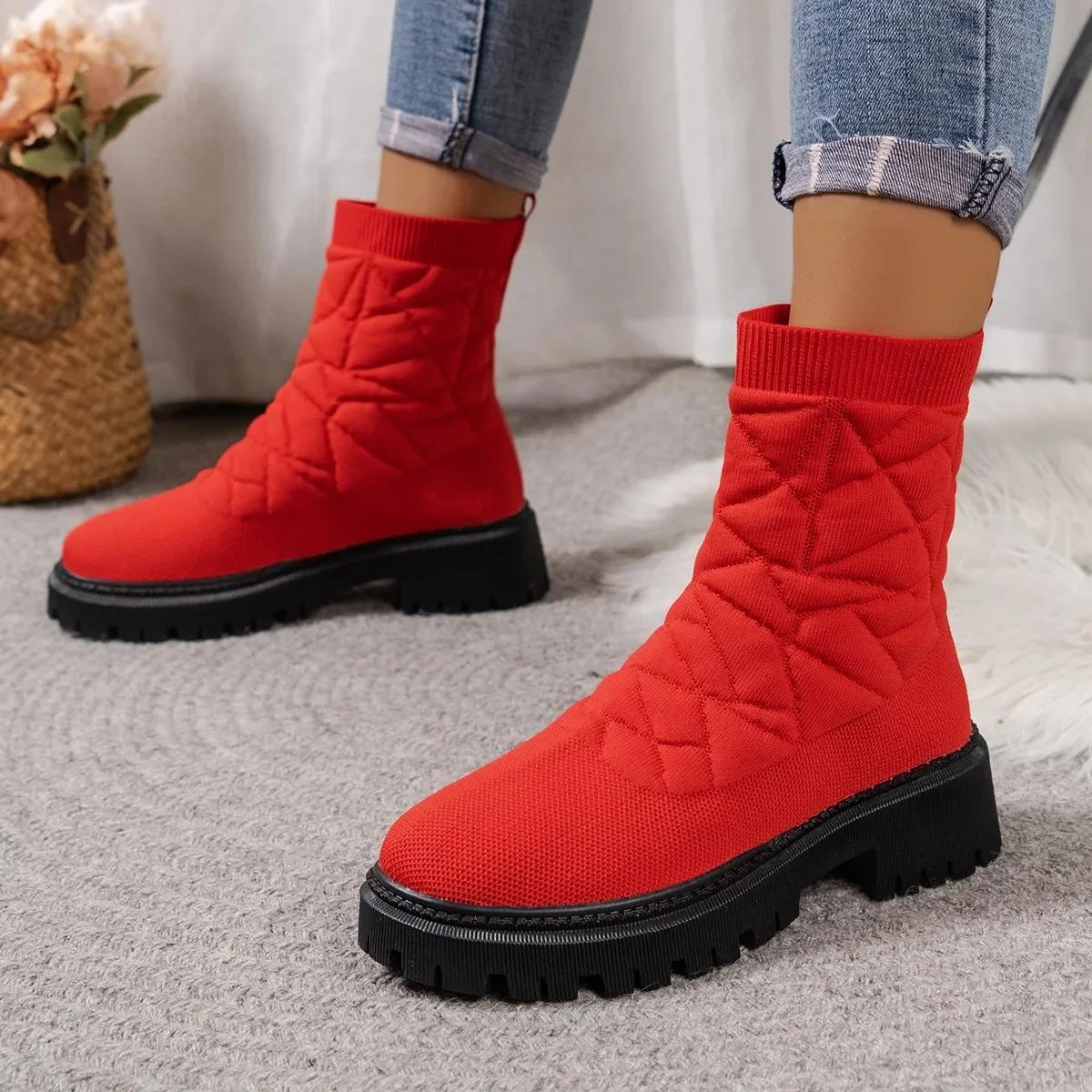 

Fashion Luxury Brand 2025 New Women Thick-soled Thick-heeled Warm Boots Women s Towel Cotton Boots Motorcycle Boots 36-43 43 красный