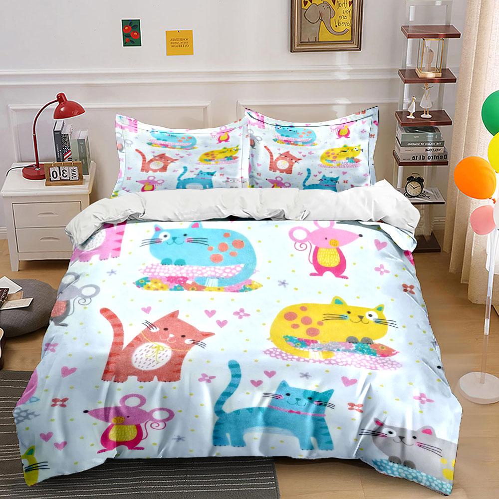 Cartoon Cat Print Bedding Set Soft Comfortable Duvet Cover Bedding Set Included 1*Duvet Cover & 2*Pillowcases, Gift