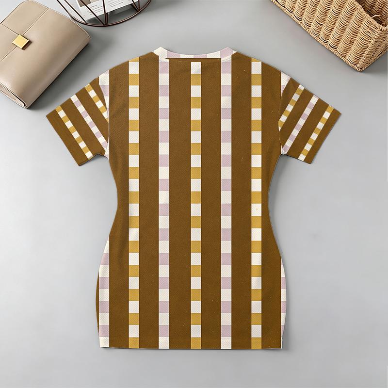 Bodycon Short Dress, V-Neck Short Sleeve, Minimal Stripe, Soft Form-Fitting Fabric Versatile for Vacation, Daily Casual & Night Market