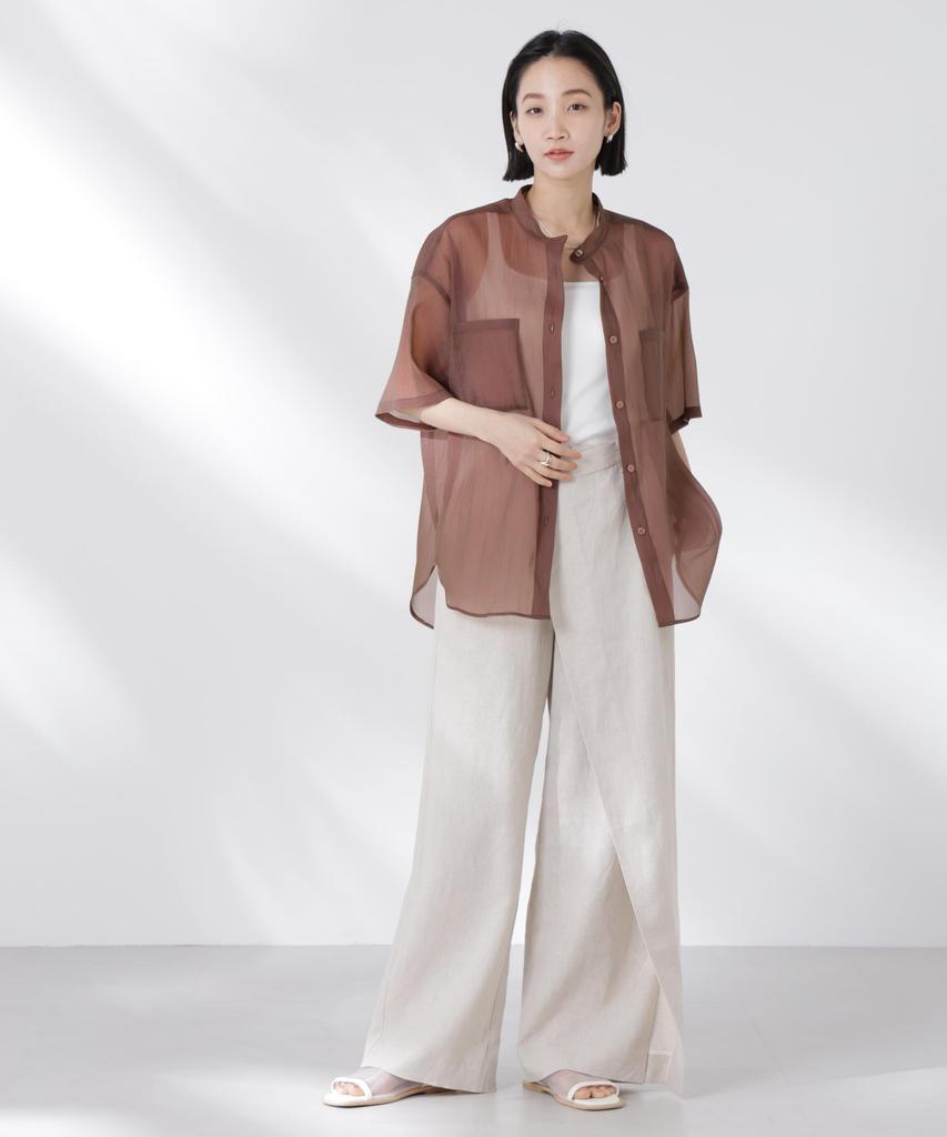Nano Universe Band Collar Sheer Short Sleeve Size F Women's Shirt, 050, Brown, 673-5121321