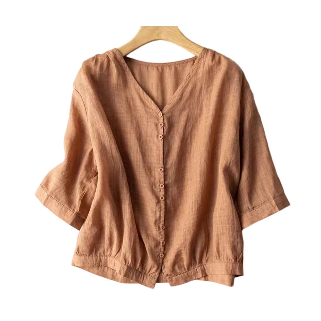 Damen Oberteil im Vintage-Stil, lockere Passform, Baumwoll-Leinen-Mischung, V-Ausschnitt, ärmellang