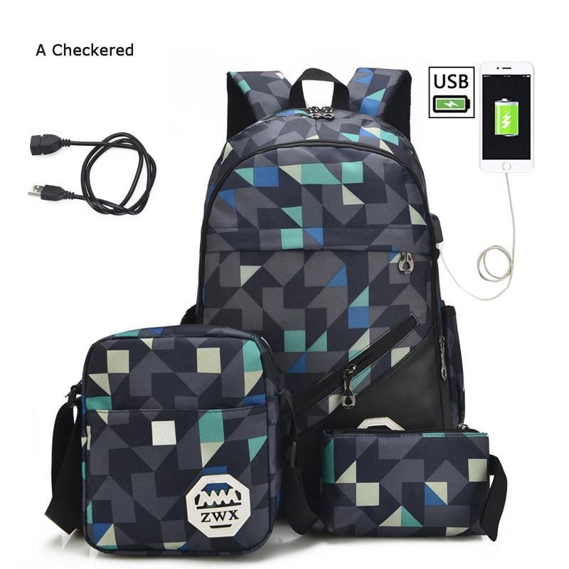 3 pcs /set USB Male backpack high school bags for women travel men school backpacks boys one student shoulder bag sac mochila