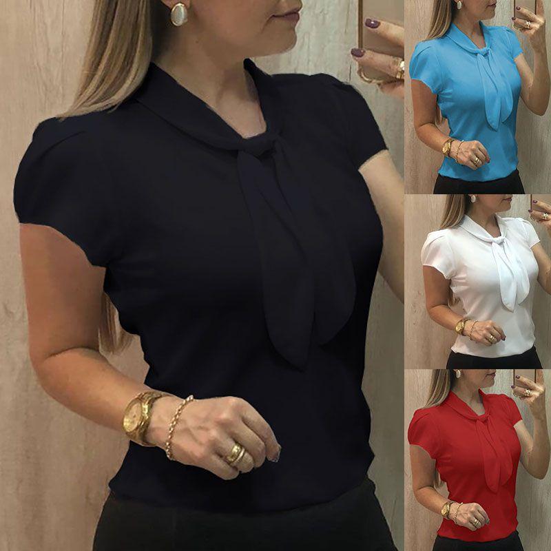 Elegant Women Short Sleeve Bow Chiffon T Shirt Blouse With Breathable Comfort For Ladies