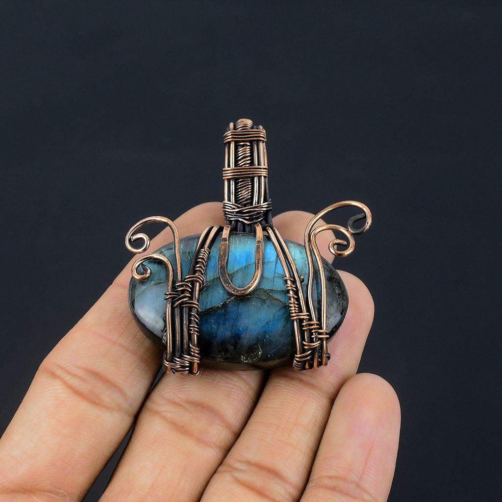 Labradorite Pendant, Handmade Gemstone 999 Copper Wire Wrapped Pendant Antique Jewelry, For Gift Silver Jewelry