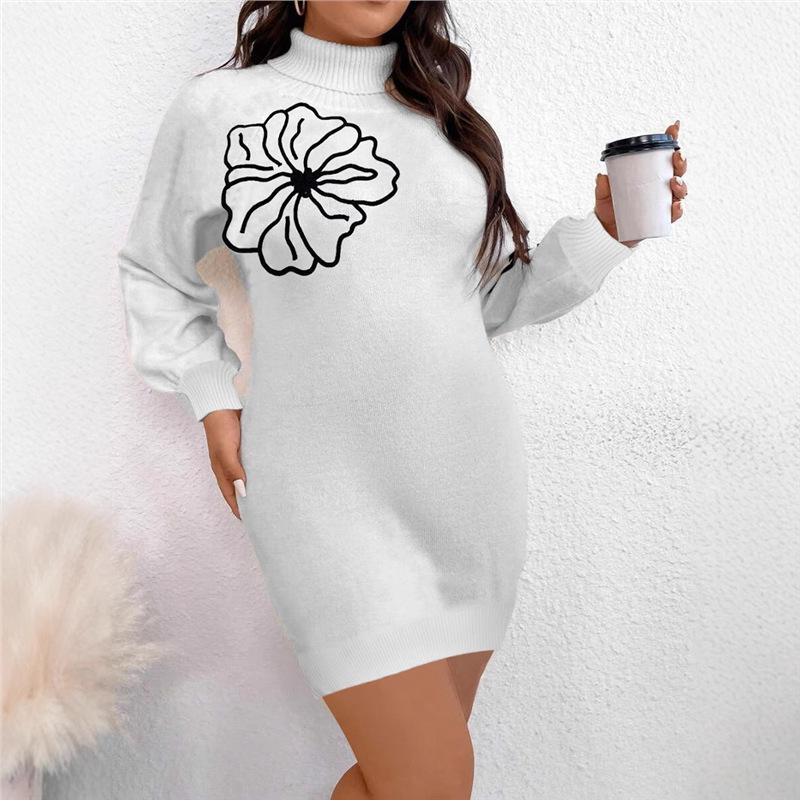 

2025 Plus Size Knit Floral High Neck Dress for Women - European & American Fall/Winter Fashion 1XL белый