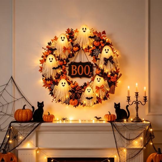 Artificial Fabric Wreath Halloween Boo Ghost Wreath, Spooky Door Hanging Decoration with Pumpkins Decorative Fall And Spider Webs for Front