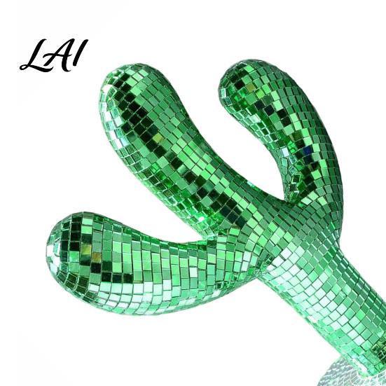 Creative Shiny Cactus Figurine Disco Ball Statue Green Mirror Mosaic Decor Retro Decorative Object for Entryway Table Ornament Home Christmas Party