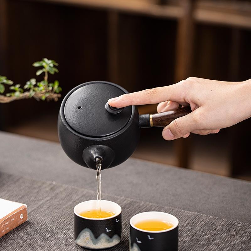 320ml Ceramic Teapot, Coarse Earthenware Side-Handled Teapot, Black Pottery Gongfu Tea Set