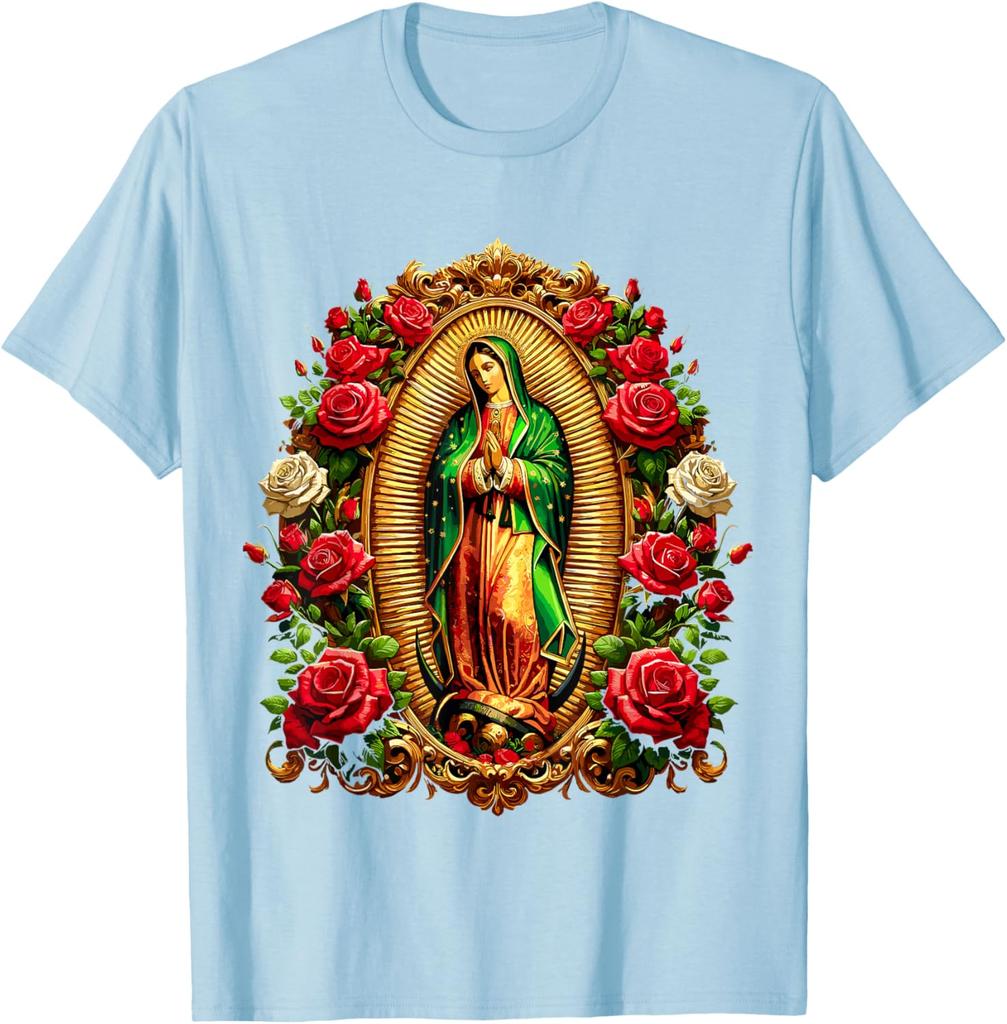 Virgen De Guadalupe Religious Graphic Tee Men Casual Cotton Rose Print T-Shirt