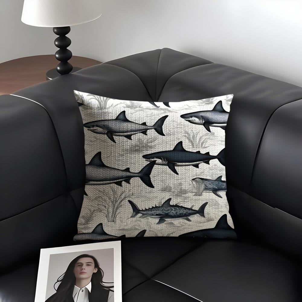 Shark Fashion Cushion Cover Natural Linen Organic Fabric DoubleSided Printing Sofa Home Decor Gift Pillow Case