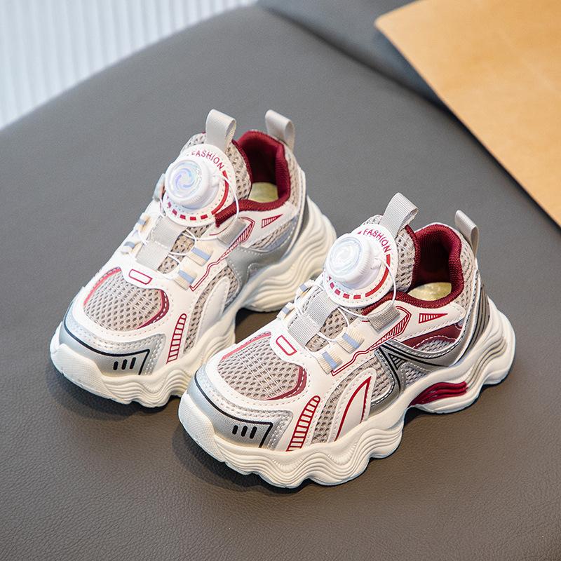 

Children s sports shoes red shoes rotating buttons 2025 spring and autumn boys and girls double mesh breathable dad shoes 26