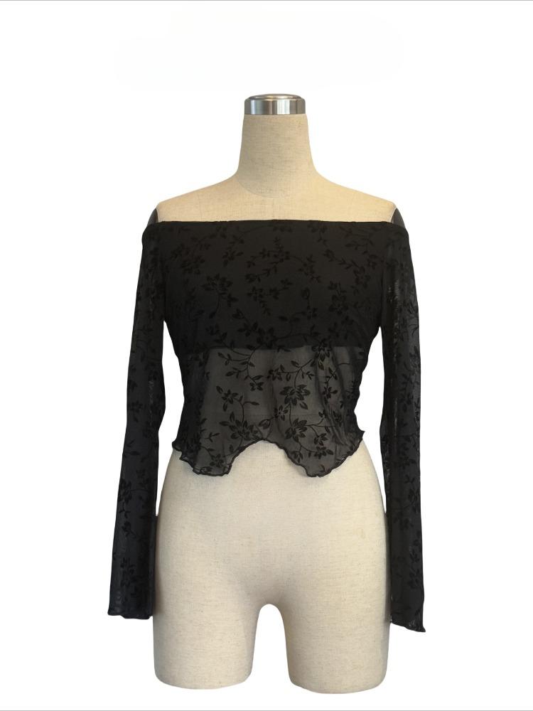 Spring Elegant Women's Black Floral Mesh Strapless Flared Sleeve T-Shirt Top Women Versatile Closet Essential Fashion Items Shirt