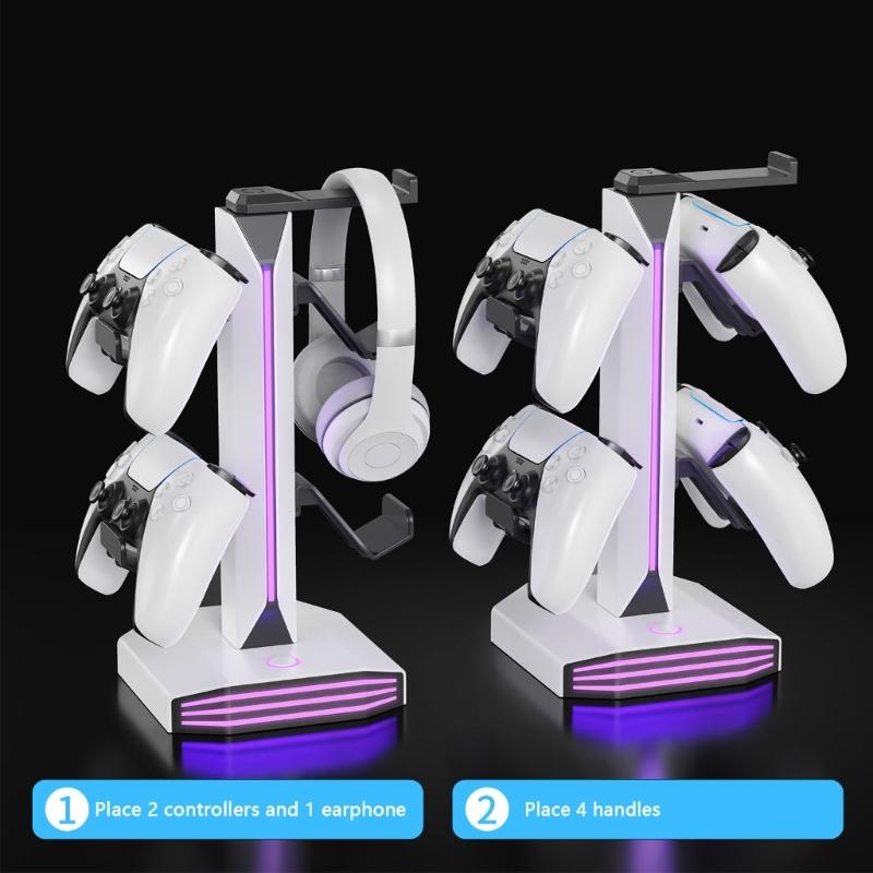 Functional Game Controller Stand Including Power Outlets And LED Features Perfect For Headphones Organization