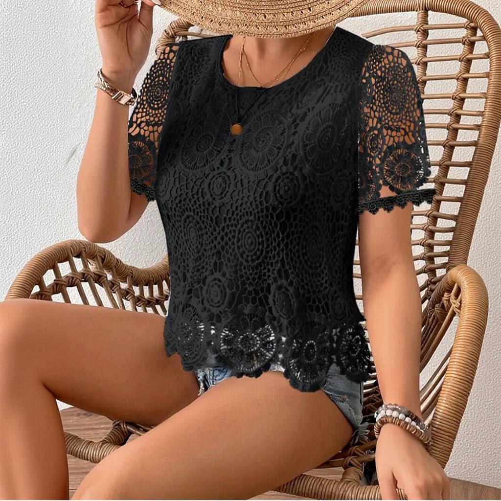 Camiseta Casual de Moda para Mujer con Cuello Redondo, Encaje Calado y Mangas Cortas