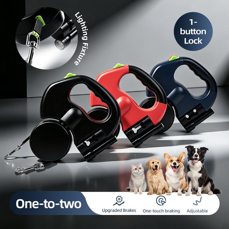 Correa para Perro de Doble Extremo de 360 Grados Cuerda de Tracción Retráctil Automática Con Linterna Caja para Bolsas de Excrementos Para Pasear a Dos Perros Correa para Mascotas