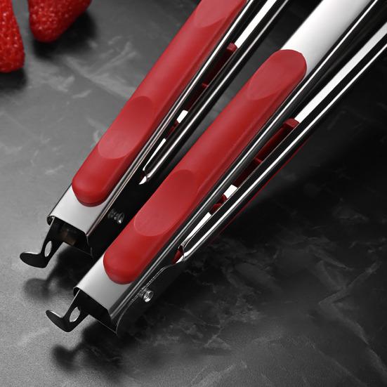 Pince de service Poignée en silicone antidérapante Manche rouge Acier inoxydable résistant à la chaleur Pince alimentaire Cuisine BBQ Buffet Pince pour égoutter l'huile