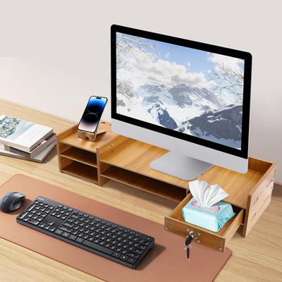 Modern Wooden Monitor Stand W/ Lockable Drawer & Phone Holder, Space-Saving MDF Desktop Organizer for Home Office, Easy Assembly