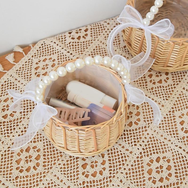 Elegant Pearls Decorated Handheld Basket Unique Pearls And Fish Tail Ribbon Inspired Handheld Basket For Elegant Event