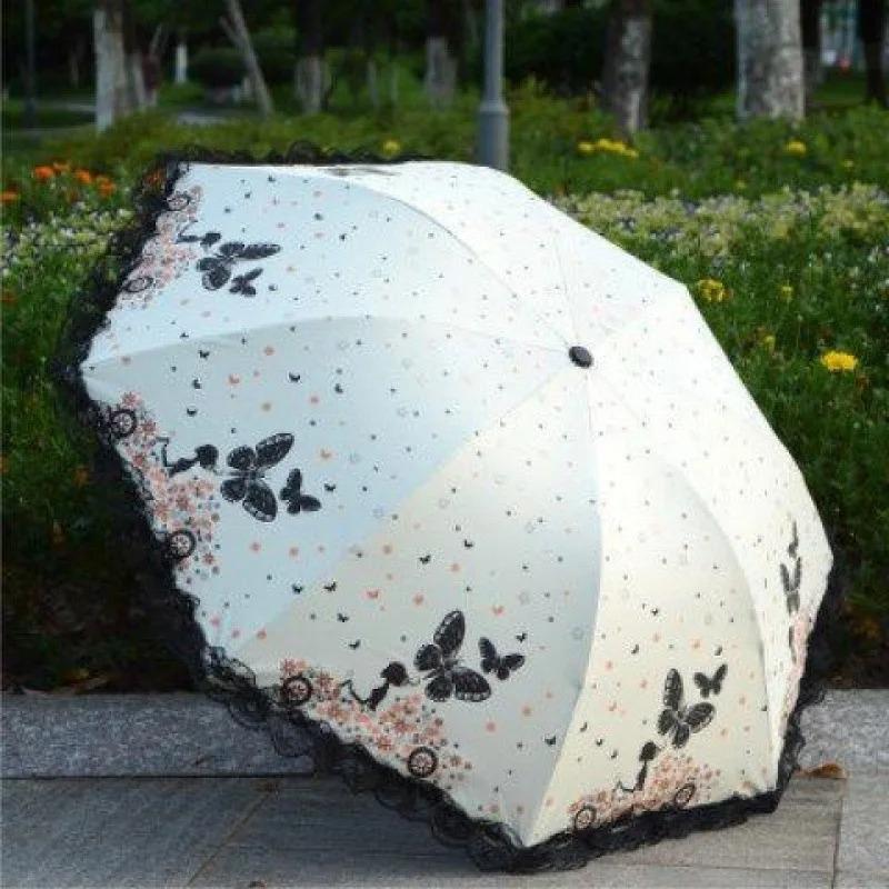 Butterfly Lace Printed Sunshade Umbrella For Both Rain Triple Fold Wind Resistant And Sun Resistant Black Rubber Umbrella