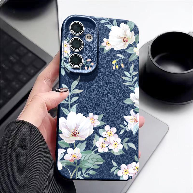 Simple Floral Pattern Shockproof Soft Case For Samsung S25 Ultra S24 FE S23 S22 A56 A16 A36 A15 A55 A35 A54 Leather Texture TPU Matte Slim Phone Cover