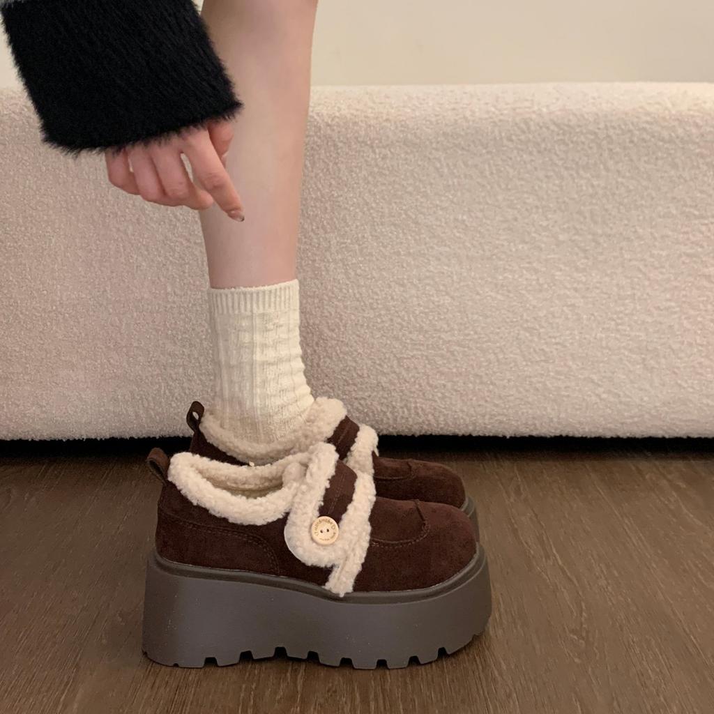 Vintage Women Fur Lining Chunky Loafer Shoes Comfrot Warm Snow Shoes  Spring Height Increase Ladies Dress Slip On Shoes