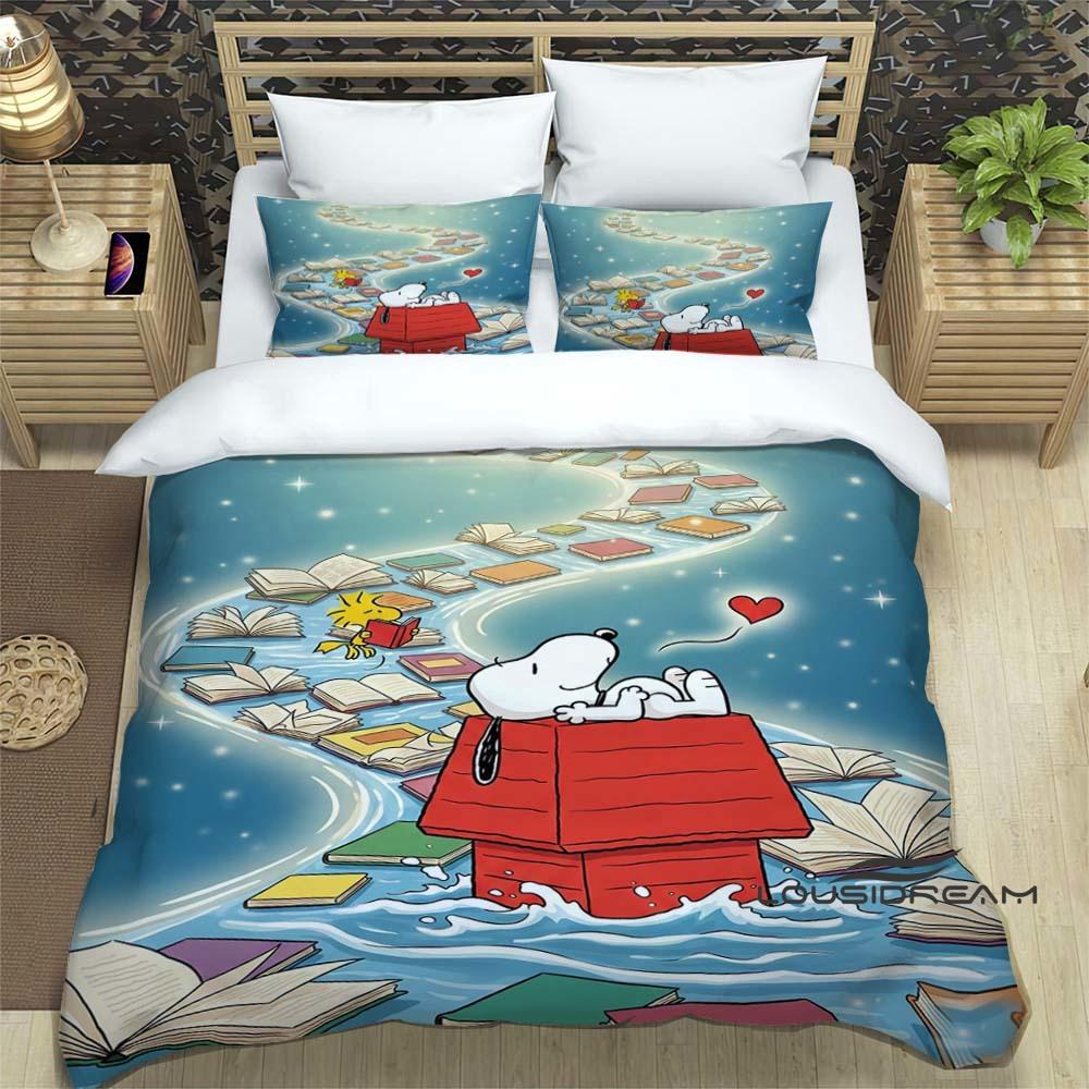 (Snoopy) Sunflower-Themed Printed Bedding Set: Featuring a duvet cover and pillowcases, this soft and comfortable set is availab