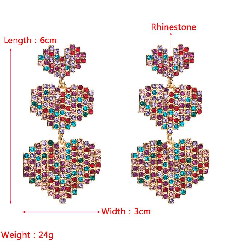 Cercei de damă exagerați lungi în formă de dragoste, din aliaj de cristal complet, cercei cu strasuri de culoare