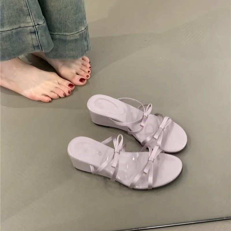 Wedge heel gentle bow slippers summer new temperament elegant purple with skirt sandals