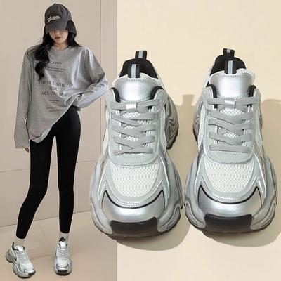 Zapatos de papá para mujer, zapatillas informales plateadas con plataforma que aumenta la altura, primavera y otoño, zapatos de mujer