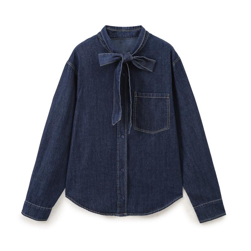 

European Retro Style Bow Tie Button Long Sleeve Denim Shirt S