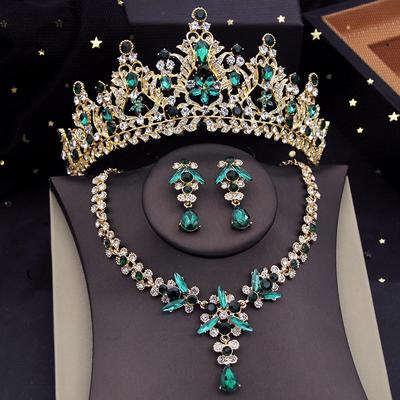 Luxury Green Crown Bridal Jewelry Sets for Women Tiaras Necklace Earring Set Wedding Choker Bride Evening Jewelry Set Fashion
