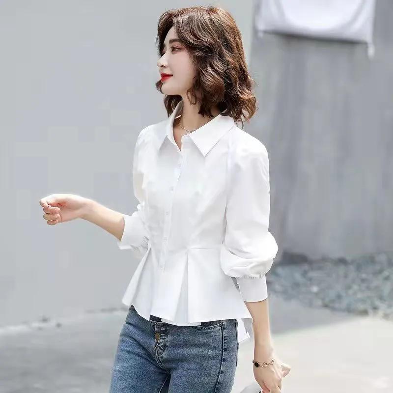 

WTEMPO Весна-лето Женские повседневные однобортные плиссированные блузки Универсальные однотонные рубашки с отложным воротником Hiffon 3XL белый