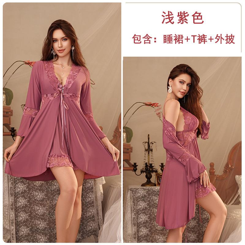 Spring and summer pajamas women with chest pads, suspenders, pajamas, pure desire wind long-sleeved pajamas, three-piece loungewear
