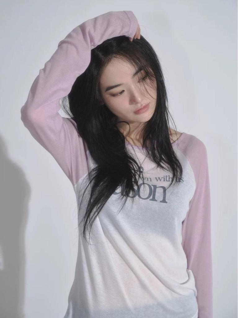 Koreanischer Stil Tencel-Stoff Colorblock Raglanärmel Langarm Damen-T-Shirt