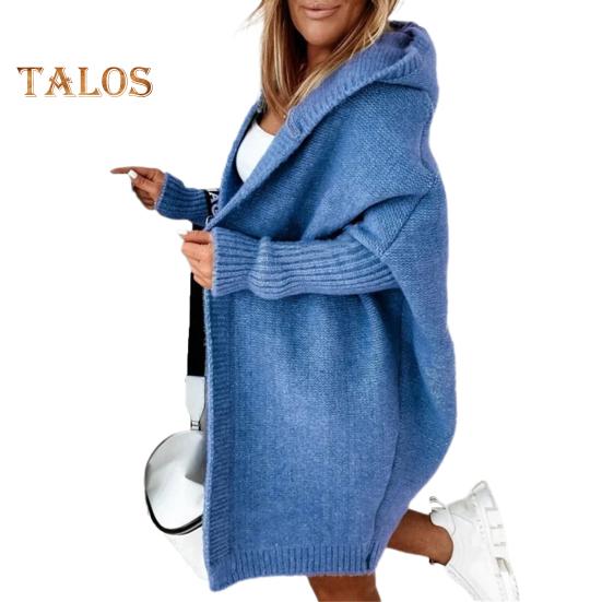 Women Sweater Coat Hooded Long Sleeve Ribbed Cuffs Open Front Knitting Coat Solid Color Mid-length Sweater Cardigan