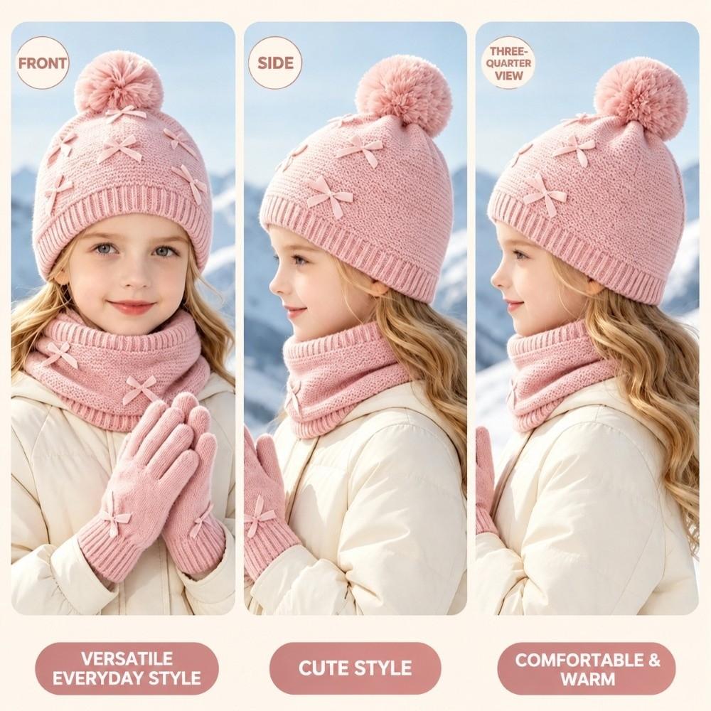 3pcs Keep Warm Knit Hat Scarf Gloves Set With Bow Neck Warmer Soft Kids 3-Piece Kit 1-6Y