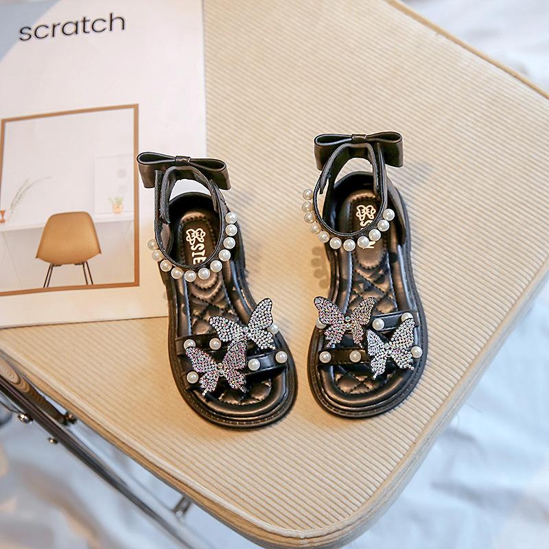 

Літні сандалі для дівчаток, нові перлинні дитячі туфлі, літні елегантні туфлі для принцес, антиковзке пляжне взуття 36 чорний