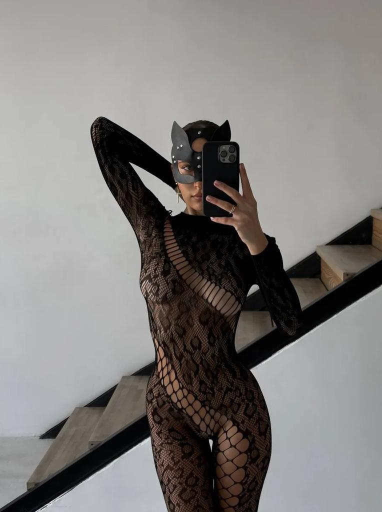 Sexy Leopard Mesh Bodystocking One Piece Crotchless Lingerie Long Sleeve Transparent Jumpsuit Mesh Tights Clubwear For Women