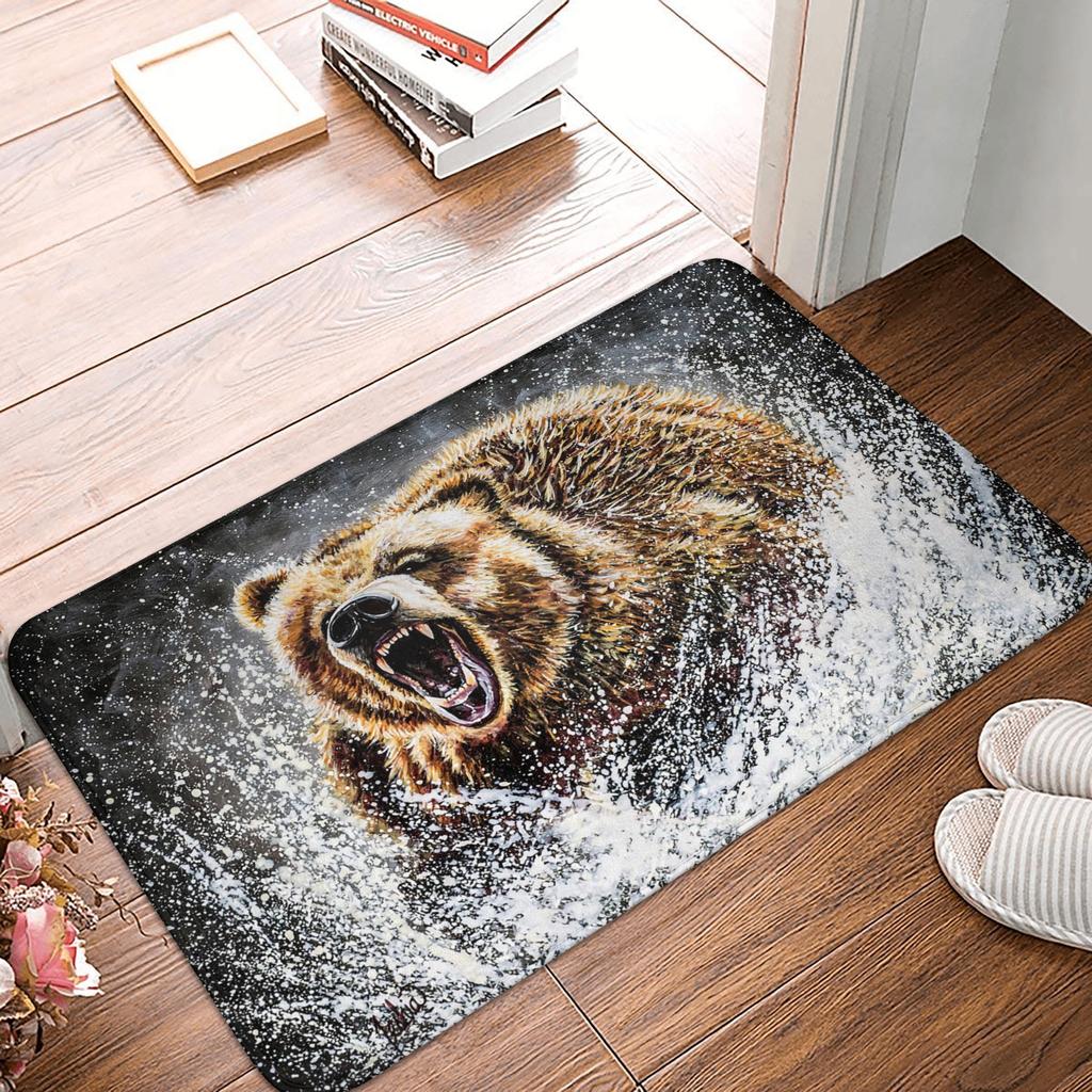 Grizzly Bear Landscape Front Door Mat Anti-Slip Outdoor Quick Dry Forest Spirit Animal Doormat Bedroom Entrance Rug Carpet