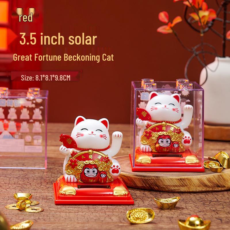 335 New Small Solar Waving Lucky Cat Ornament for Cake, Home, or Car Decoration
