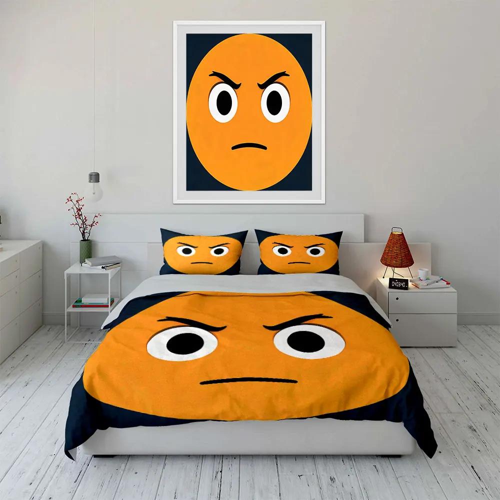 3Pcs Angry Face Emoji Bedding Set Frowning Yellow Face Print Duvet Cover + 2 Pillowcases Funny Meme Decor