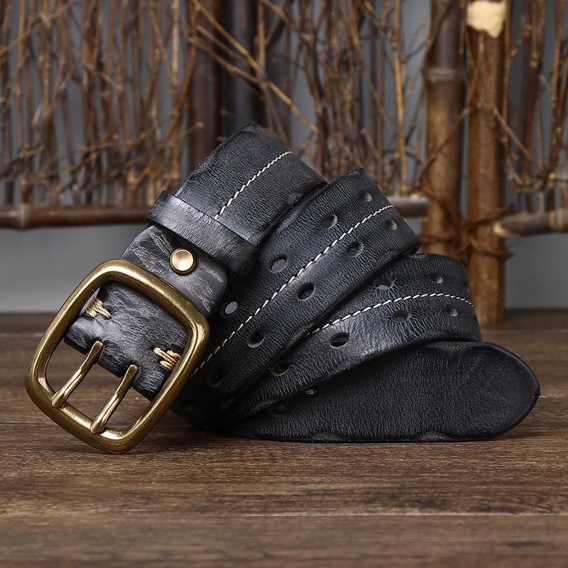 Genuine Leather Distressed Double Pin Buckle Belt - Retro Korean Style for Men’s Casual Jeans