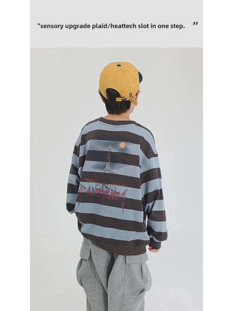 2025 Spring Boys' Striped Terry Cotton Sweatshirt with Panda Print