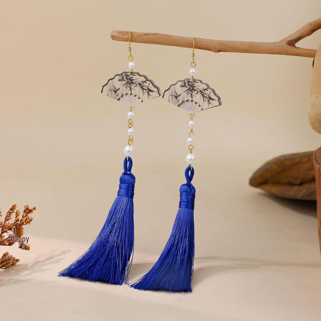 Silver Needle Chinese Ink Painting Fan Tassel Earrings for Hanfu Qipao, Handmade National Style Jewelry